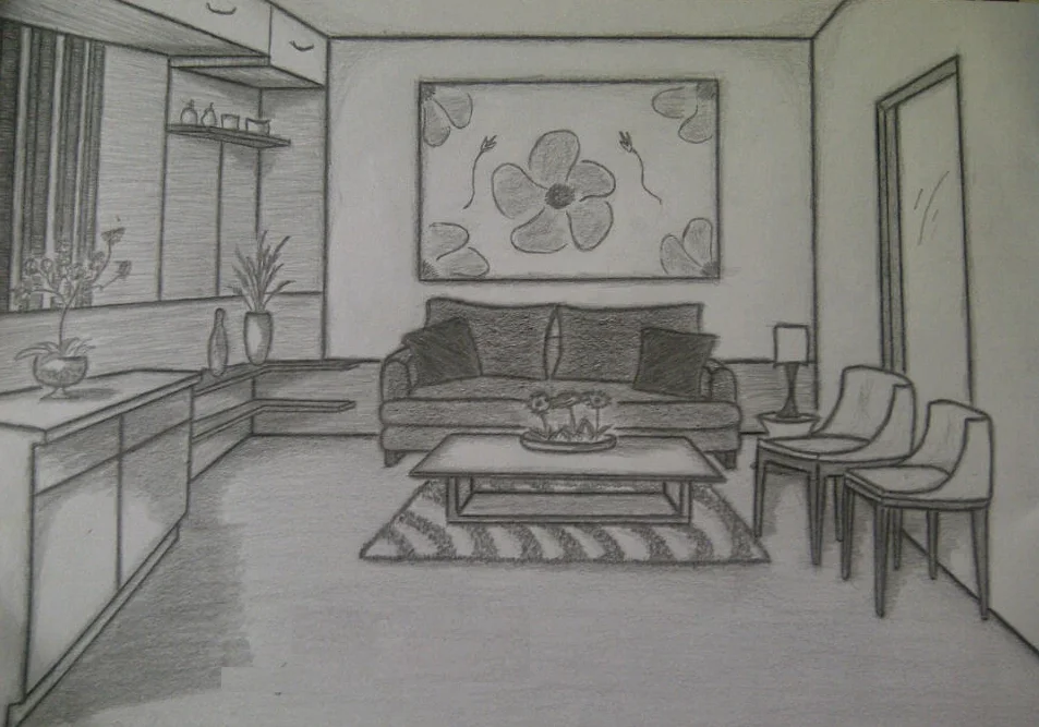 sketsa desain interior ruang tamu