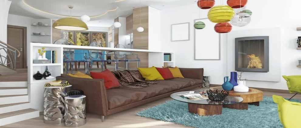 karakteristik desain interior postmodern, dengan dekorasi bermerek